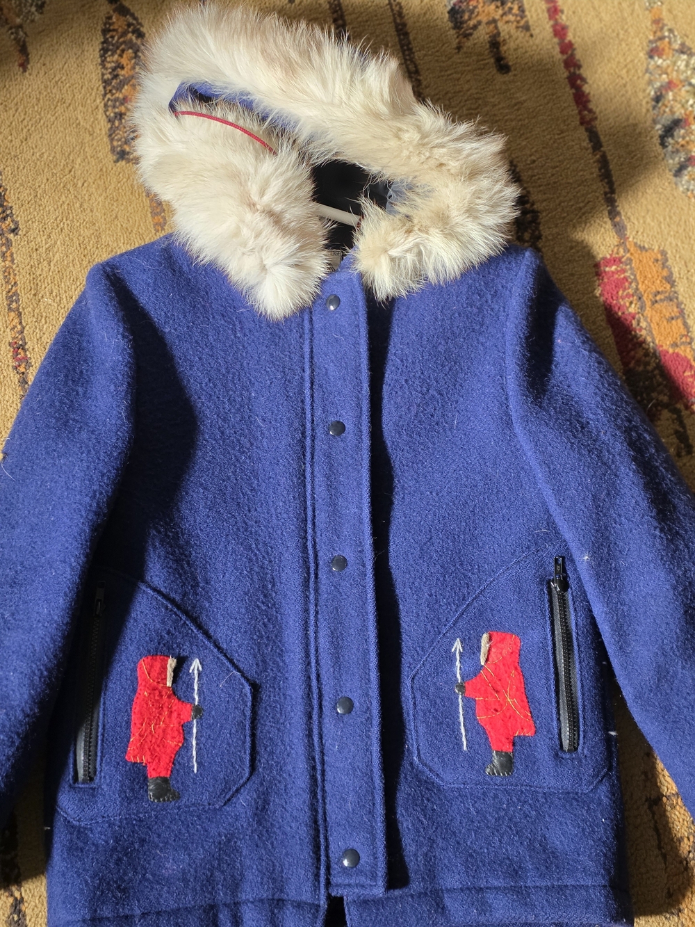 Vintage Wool Navy Blue Hooded Coat with Faux-Fur Trim